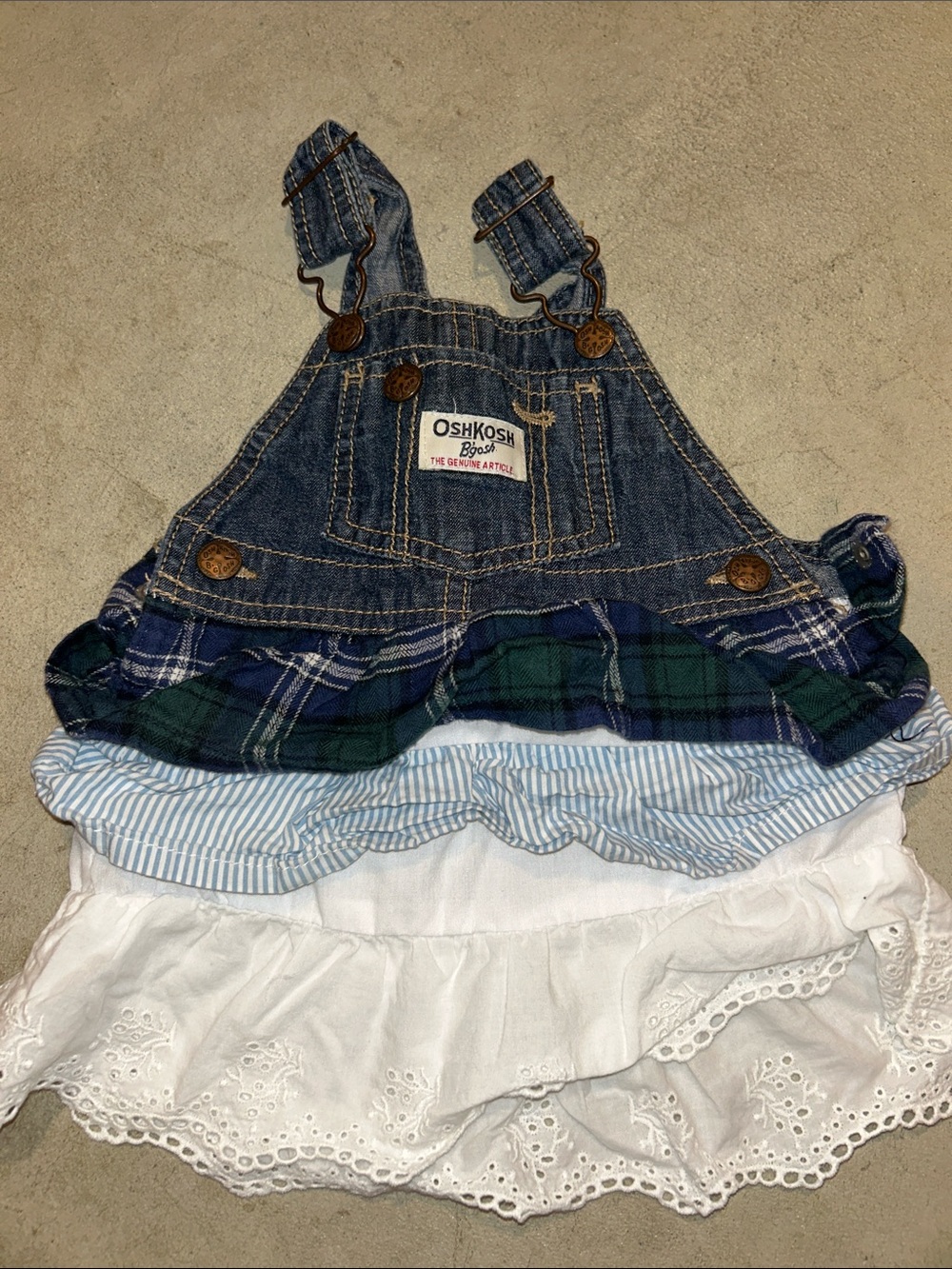 OshKosh B'gosh Denim Overall Dress with Navy Green Plaid Ruffle & White Eyelet